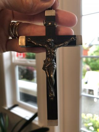 Vintage Ebony Silver Metal France Pectoral Crucifix Cross Religious Nun Cross