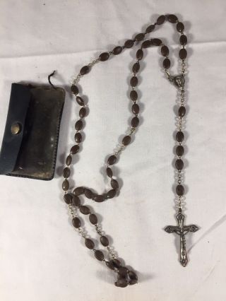 Vintage Antique Catholic Rosary And Leather Case