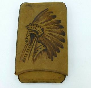 Vintage Leather Cigar Case Holder Native American Indian Chief
