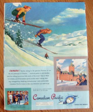 1947 Canadian Pacific Travel Ad Canada Skyline Skiing In The Rockies Quebec