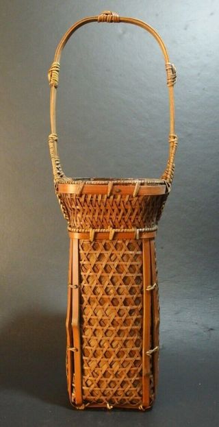 Bb1928 Antique Japanese Bamboo Flower Basket Ikebana 40cm / 15.  75 " Tall ＆ Vase