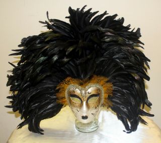 Hand Painted Mardi Gras Or Festival Mask With A Crown Of Black Feathers Venice
