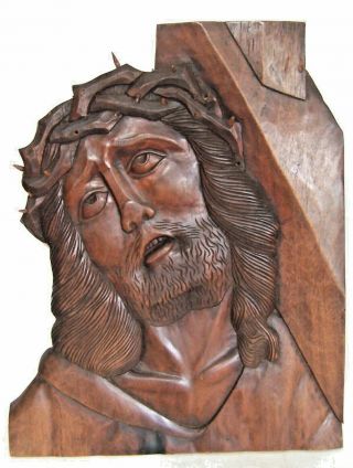 Vtg Large Carved Wooden Jesus Christ Face Head Cross Plaque Religious Sculpture