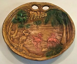 Vintage Florida Souvenir Bowl Plaque Pink Flamingo Palm Trees Travel Trip Anco