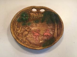 Vintage Florida Souvenir Bowl Plaque Pink Flamingo Palm Trees Travel Trip ANCO 4