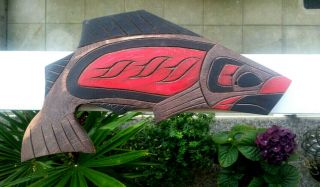 Northwest Coast Native Art Stained Salmon Plaque Carving