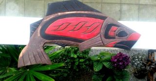 Northwest Coast Native Art Stained salmon plaque carving 3