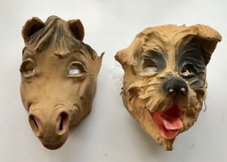 2 Vintage Creepy Halloween Costume Masks Dog Horse Small Child Latex 1950’s?