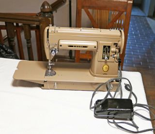 Singer Model 301A Long Bed Sewing Machine with Foot Pedal in Case and 2