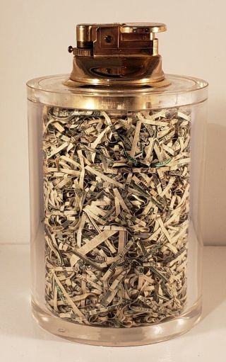 Vintage Japanese Table Lighter Filled With Shredded United States Currency
