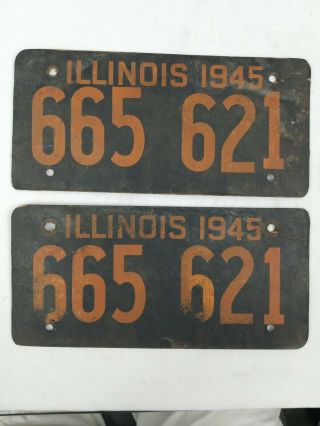 Vintage 1945 Illinois Automobile License Plate Set Soybean Fiber / Wwii