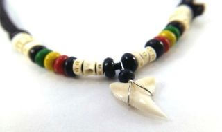 Real Natural Shark Tooth Necklace Pendant Choker&rasta Color Beads Surfer Beach