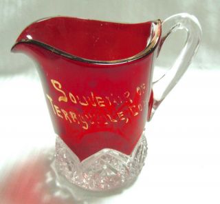 Fancy Antique Ruby Flash Glass Mug - Souvenir Of Terryville,  Conn.  - 4 " Tall