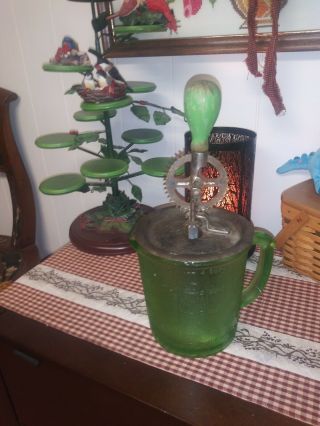 Vintage Depression Glass Green Vaseline Hand Beater Mixer
