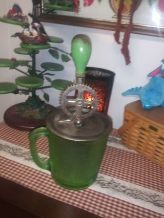 Vintage Depression Glass Green Vaseline Hand Beater Mixer 2