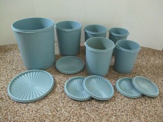 6 ASSORTED VINTAGE TUPPERWARE SERVALIER STACKING NESTING CANISTERS COUNTRY BLUE 2