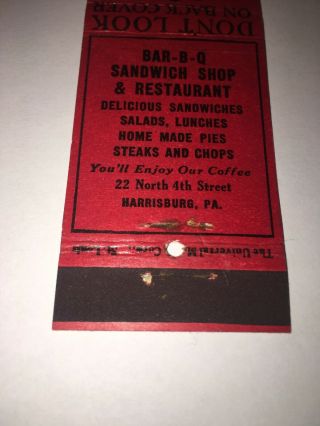 Vintage Matchbook Cover Bar - B - Q Sandwich Shop & Restaurant Harrisburg Pa. 5
