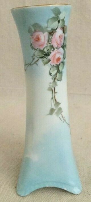 Vintage Vase 6 5/8 " By Royal Bavaria Light Blue Pink Roses And Gold Trim