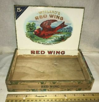 Antique Red Wing Wood Cigar Box Vintage Tobacco Cardinal Bird Stoneware Go With