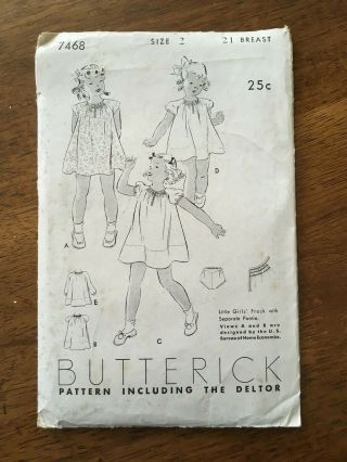 Vintage Butterick Pattern Size 2 Girls Frock W/pantie 7468