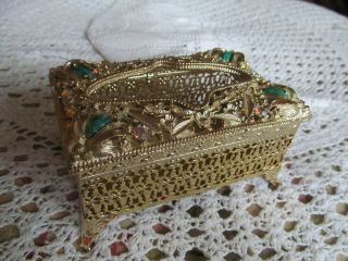 Vintage Ormolu Gold Tone Filigree Small Facial Tissue Box Jeweled