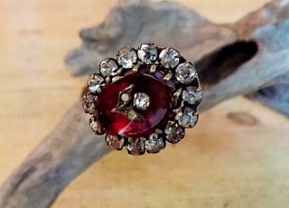 Pretty Edwardian Hat Pin With Red Glass Stone,  Diamante And Tiny Flower Centre