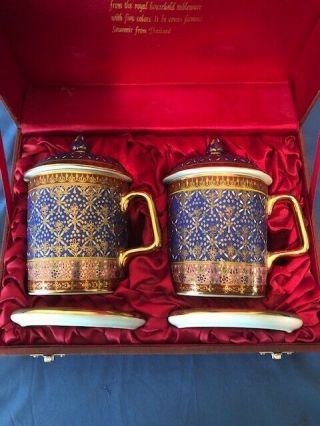 Thai Benjarong Twin Royal Porcelain Hand Painted Cups Silk Box 12k 18k Gold