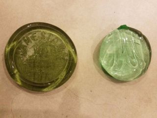 Vintage 1974 Jamestown Green Glass Coaster 3.  25 " D Green Glass Paperweight 2.  5 " D