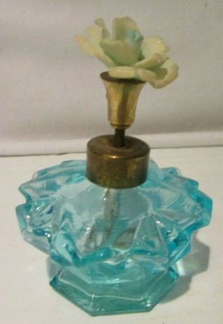 Vintage Irice Thick Blue Glass Perfume Bottle With Blueish Flower - Top