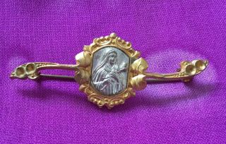 Vintage Antique 1900s Gold Silver Virgin Mary Religious Catholic Brooch Pin Vtg