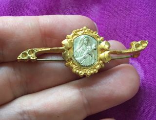 Vintage Antique 1900s Gold Silver Virgin Mary Religious Catholic Brooch Pin Vtg 2