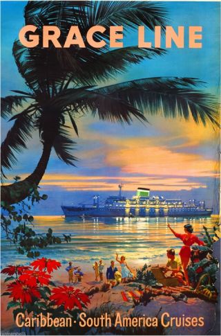1930s Grace Line Caribbean Ocean Liner Art Travel Poster Advertisement Print