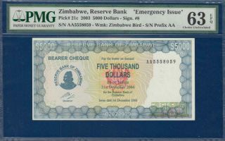 Zimbabwe 5000 Dollars 2003 Prefix Aa P21c Pmg 63 Epq Choice Unc Rhodesia Bearer