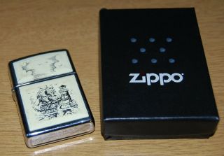 Zippo Scrimshaw Lighter - Tall Ship & Lighthouse Silver - Ivory Coloured Acrylic