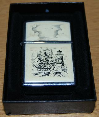 Zippo Scrimshaw Lighter - Tall Ship & Lighthouse Silver - Ivory Coloured Acrylic 2