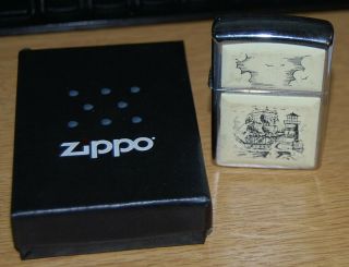 Zippo Scrimshaw Lighter - Tall Ship & Lighthouse Silver - Ivory Coloured Acrylic 4