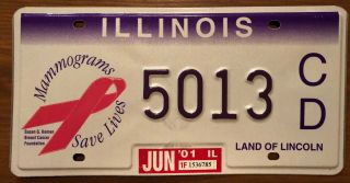 Illinois Breast Cancer Mammograms Save Lives License Plate 5013 2001