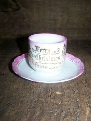 Antique Merry Christmas Santa Claus Pink Luster Cup And Saucer Germany 1