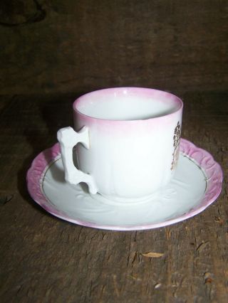 ANTIQUE MERRY CHRISTMAS SANTA CLAUS PINK LUSTER CUP AND SAUCER GERMANY 1 2