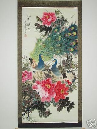 Asian Chinese Arts Scroll Painting Vintage - - Peacock