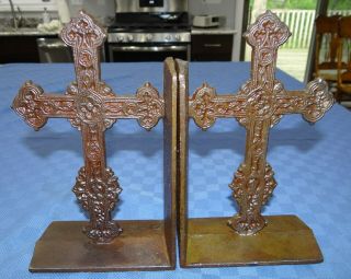 Cast Iron Bookends Religious Christian Crucifix Cross Set Pair Vtg Antique