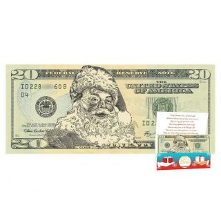 Santa Claus Dollar $20 W/ Greeting Card Christmas Stocking Stuffer.  Real Usd