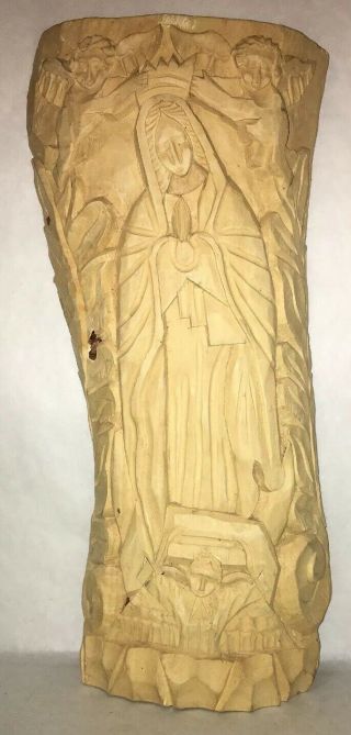 Vintage Hand Carved Wood Tree Trunk Sculpture Virgin Mary Our Lady Guadalupe Lrg