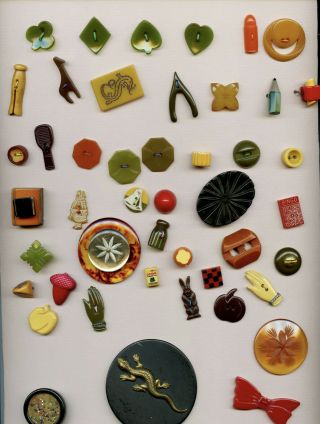 46 Different Antique Figural Bakelite & Catalin Buttons Largest 2 3/8 " 015