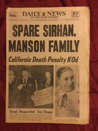 Charles Manson - Sirhan - Death Penalty - 1972 York Daily News Newspaper