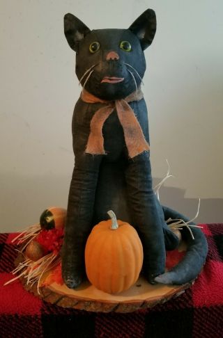 Primitive Halloween Folk Art Black Cat Life Size Vintage Styling,  Base Mounted