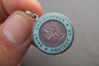 Vintage Blue Enamel Saint Christopher Protect Us Medallion Charm Pendant