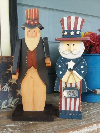 2 Hand Painted Uncle Sam Wood Figurines Statues Dolls 4th Of July Stars Usa Flag
