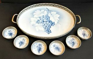 Vintage Oval Hand Painted Serving Tray With Chrome Handles & Coasters