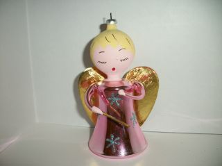 Vintage Italian De Carlini Blown Glass Ornament Pink Angel W/ Gold Wings 4 3/4 "